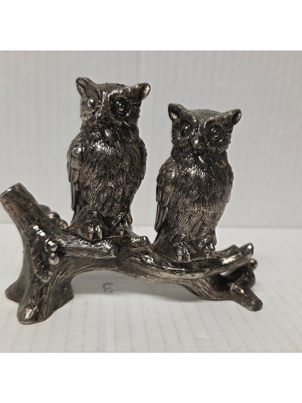 Vintage 70s 3-piece Silverplated Metal Owl Salt & Pepper Set